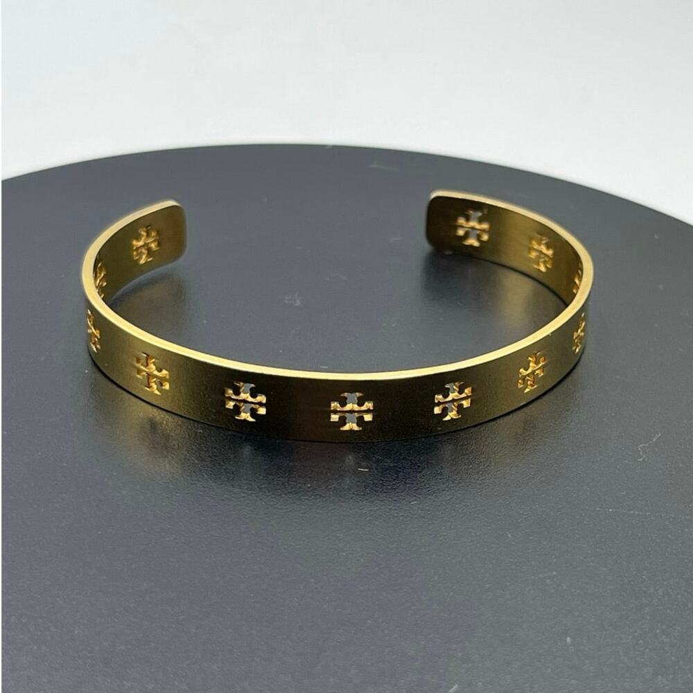 Tory‎ Burch Designer Miller Logo T Cutout Logo Gold Plated Cuff Bracelet